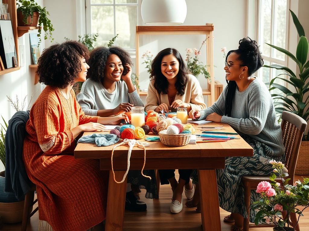 Mulheres reunidas em mesa criativa com materiais artesanais coloridos, rindo e criando juntas