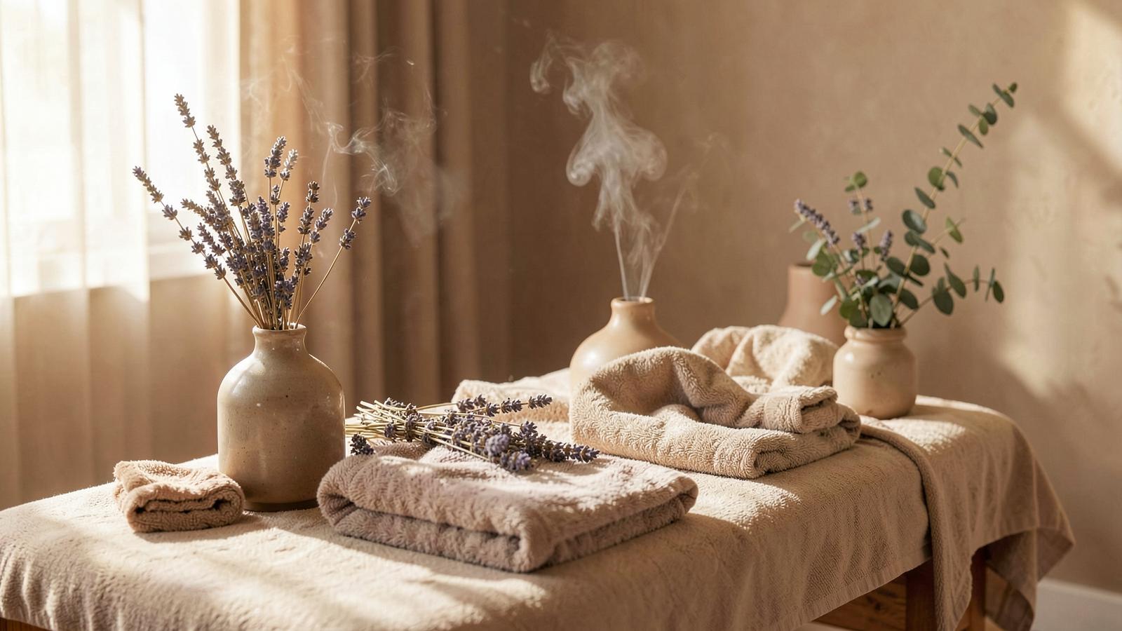 Sala de terapia serena com maca, toalhas dobradas, difusor cerâmico com vapor suave e lavanda seca em luz natural