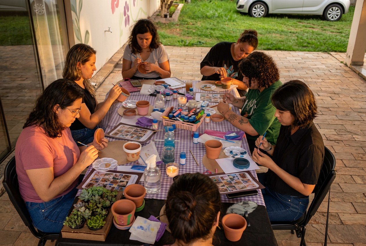 Participantes do primeiro Respiro Criativo pintando vasos em uma mesa coletiva, vistas de cima em luz de fim de tarde
