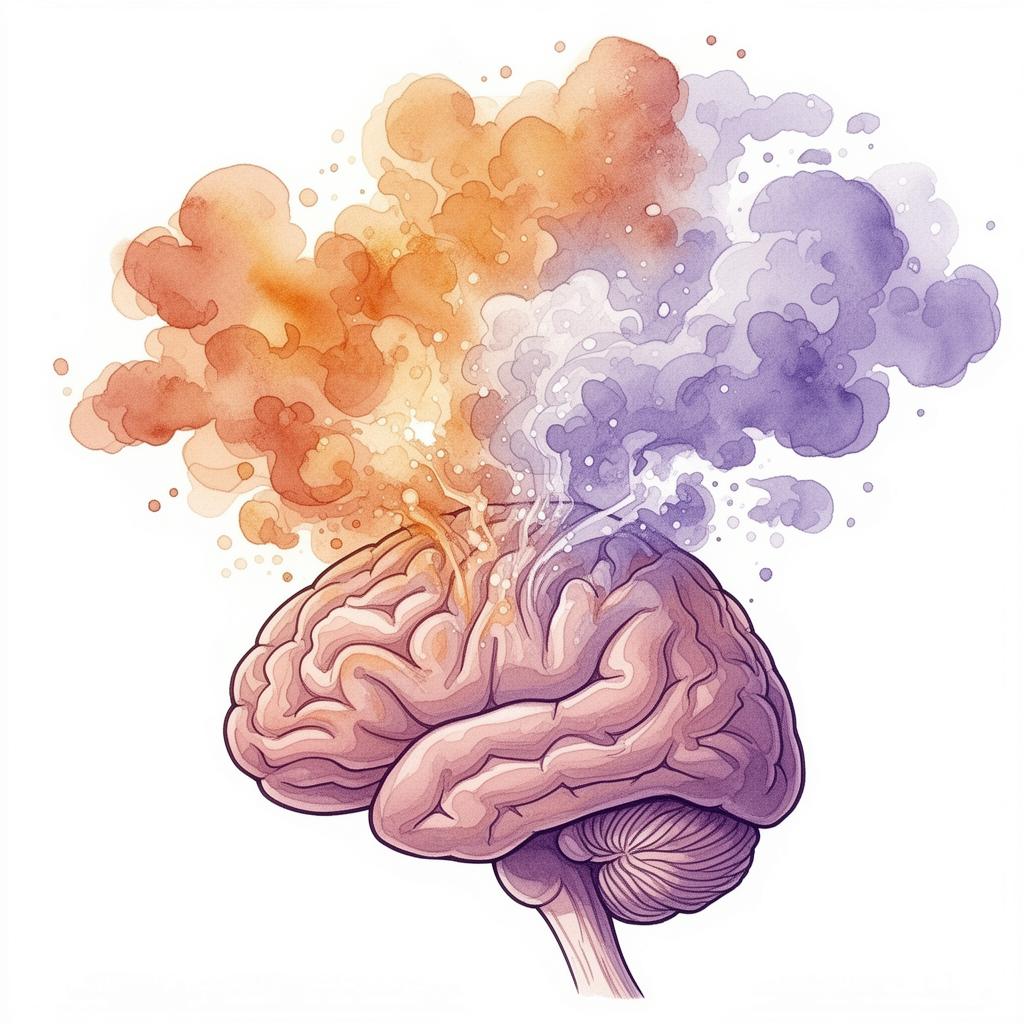 Ilustração do cérebro com nuvens coloridas representando memórias olfativas