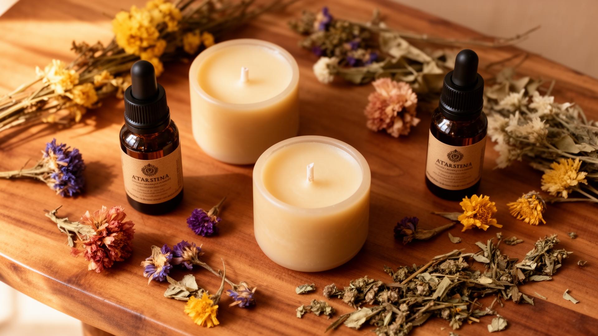 Velas artesanais e óleos essenciais com flores secas sobre mesa de madeira