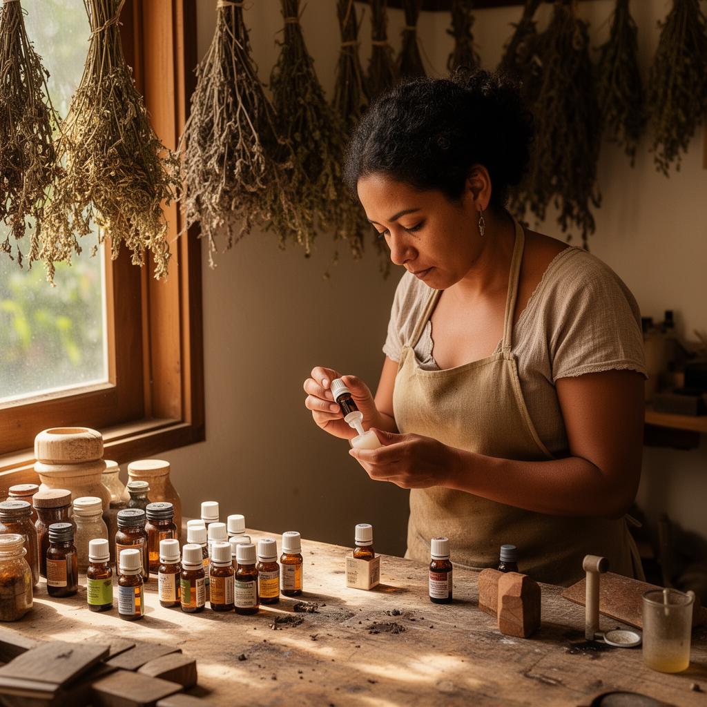 Artesã brasileira manipulando óleos essenciais em bancada de madeira com ervas secas penduradas