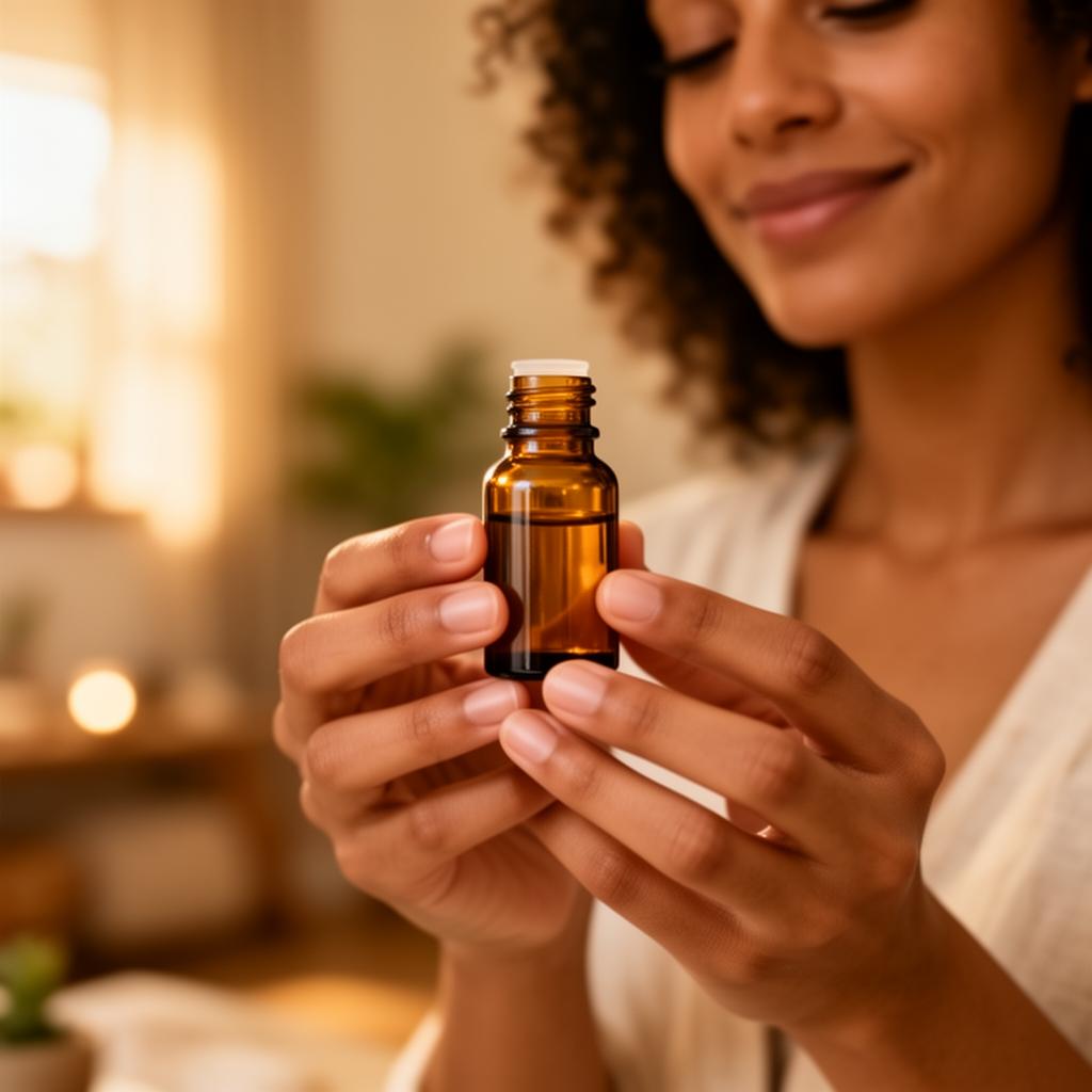 Mulher segurando frasco de óleo essencial com expressão serena