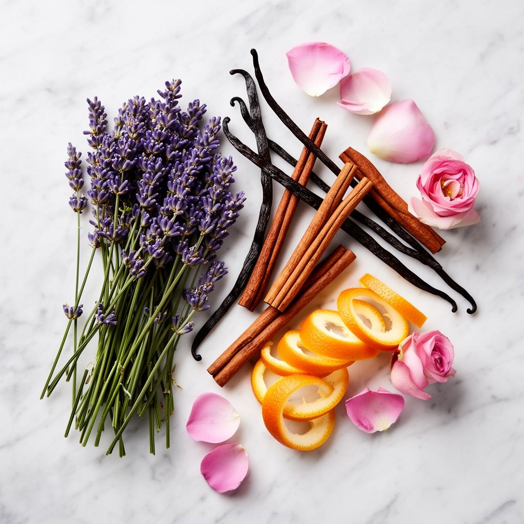 Ingredientes aromáticos: lavanda, canela, baunilha, cascas de laranja e pétalas de rosa sobre mármore