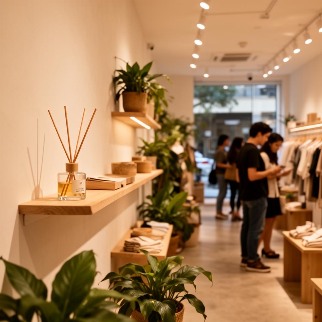 Interior de loja minimalista com difusor de aromas, plantas e clientes