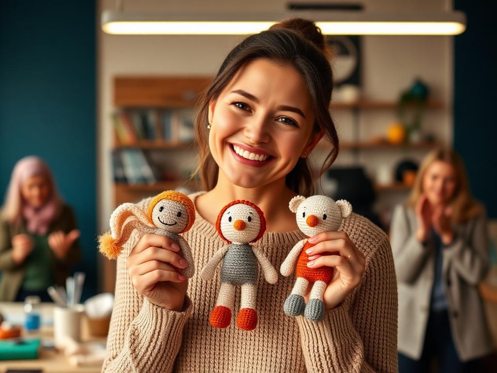 Mulher sorrindo orgulhosa ao mostrar seus primeiros amigurumis de crochê finalizados