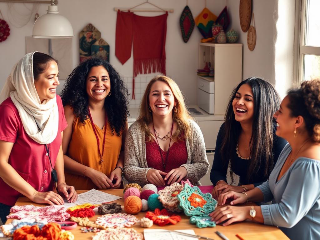 Grupo de mulheres rindo e conversando durante oficina criativa de crochê
