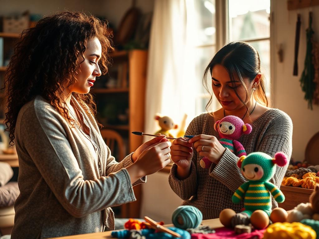 Letícia ensinando técnica de crochê a uma participante da oficina