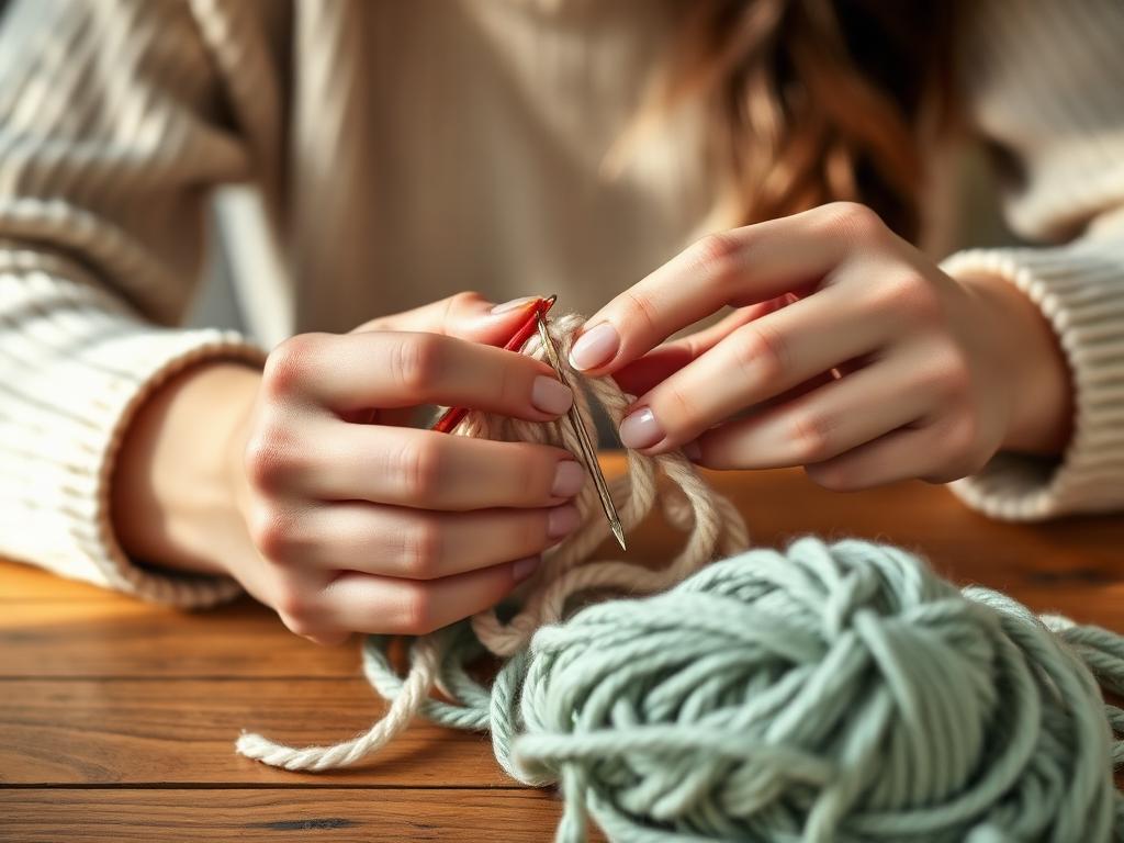 Mãos femininas criando com crochê e fios coloridos sobre mesa de madeira