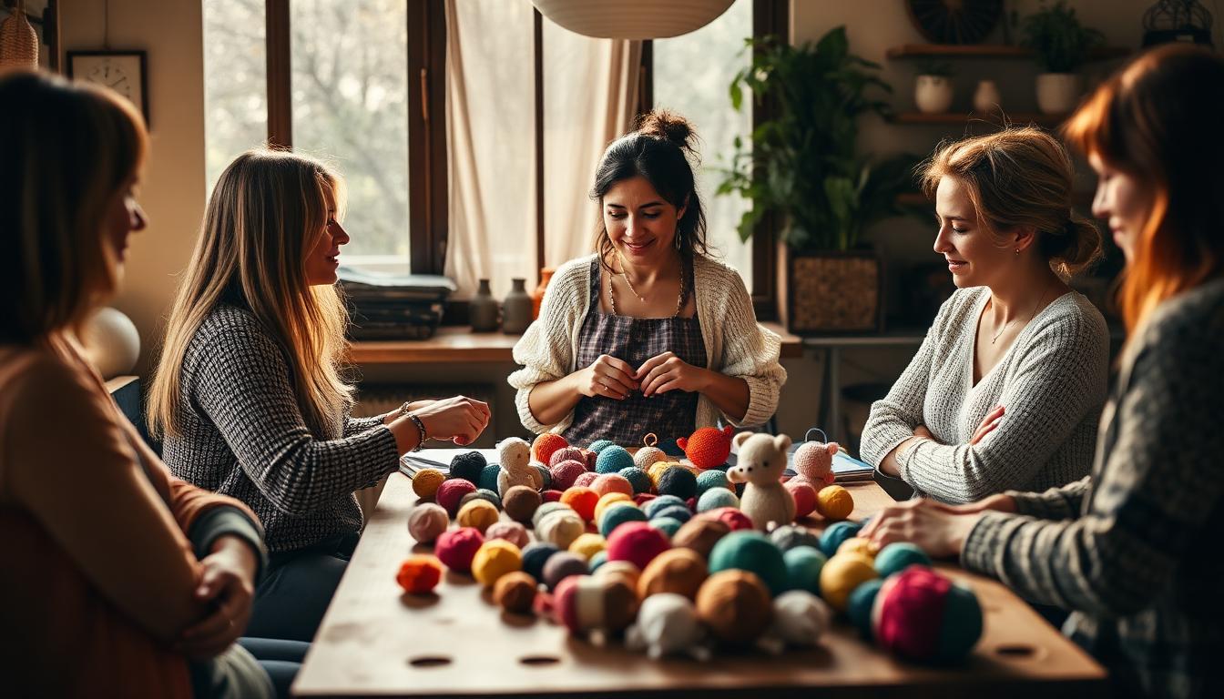 Mulheres reunidas em oficina criativa de crochê com novelos coloridos sobre mesa de madeira