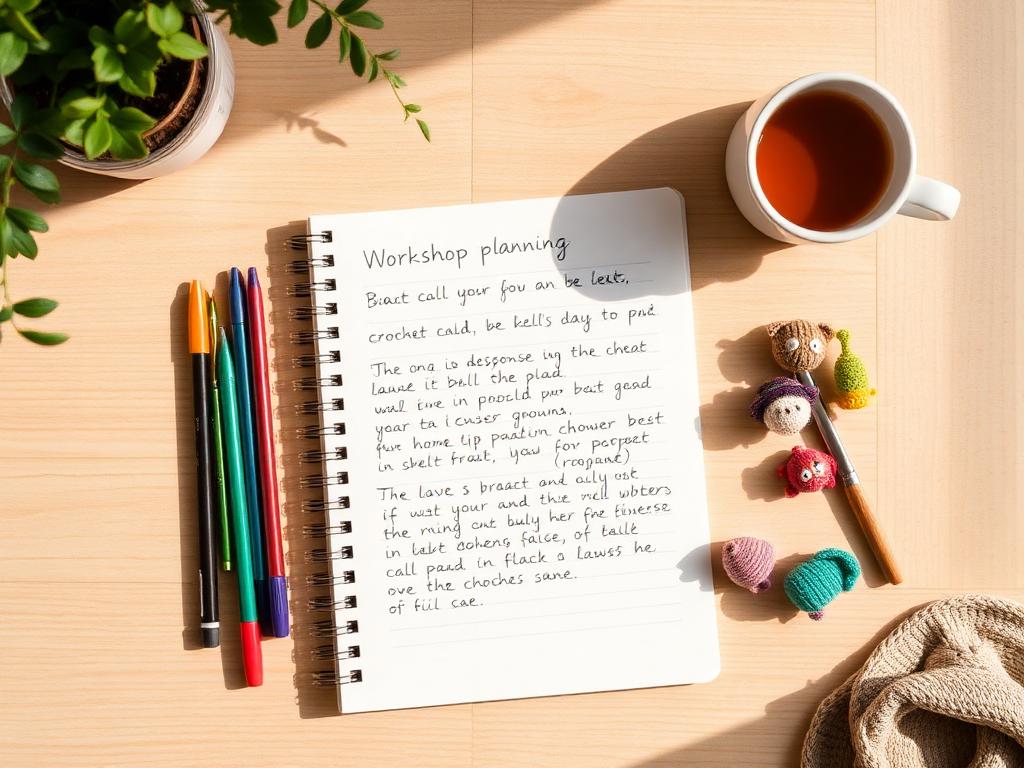 Caderno de planejamento com anotações sobre oficina, agulhas de crochê e xícara de chá