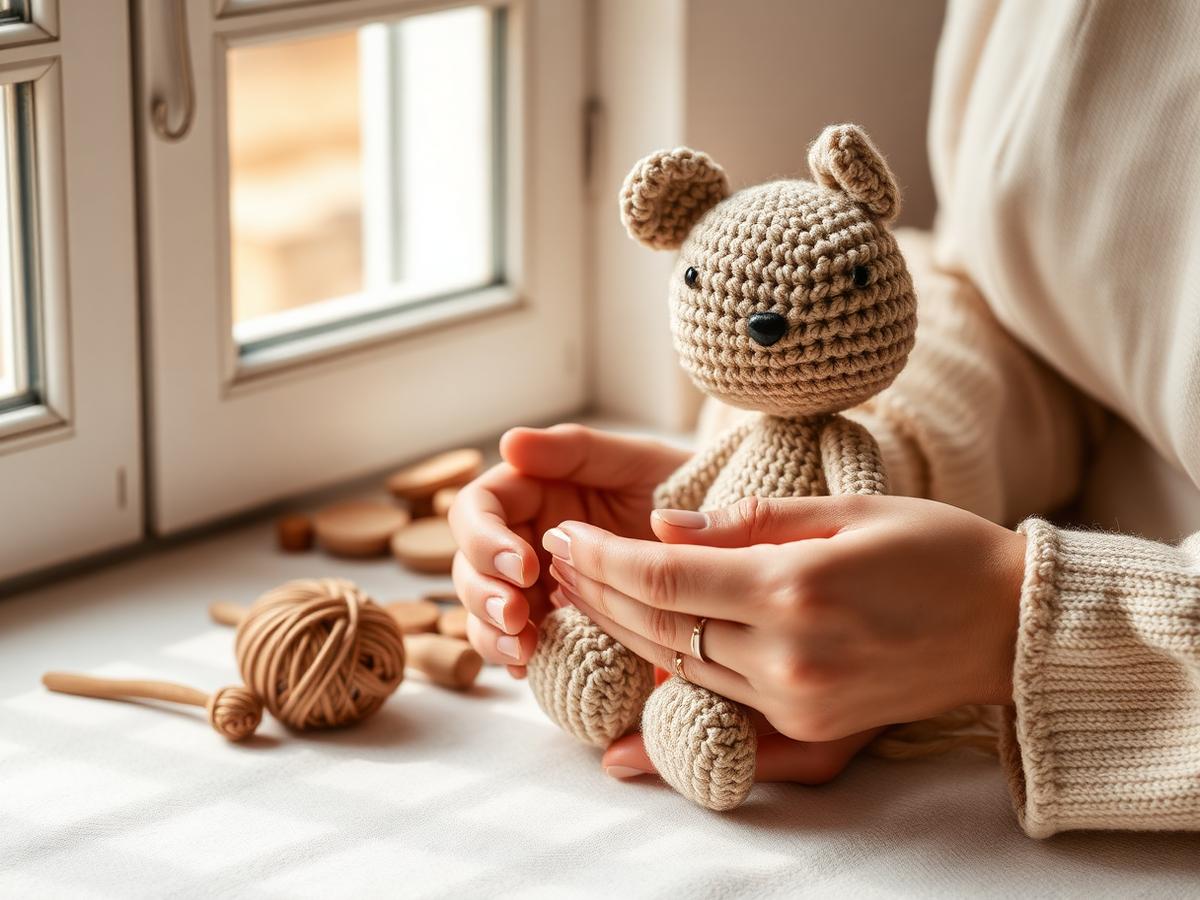 Mãos trabalhando lentamente em projeto de crochê com iluminação natural suave