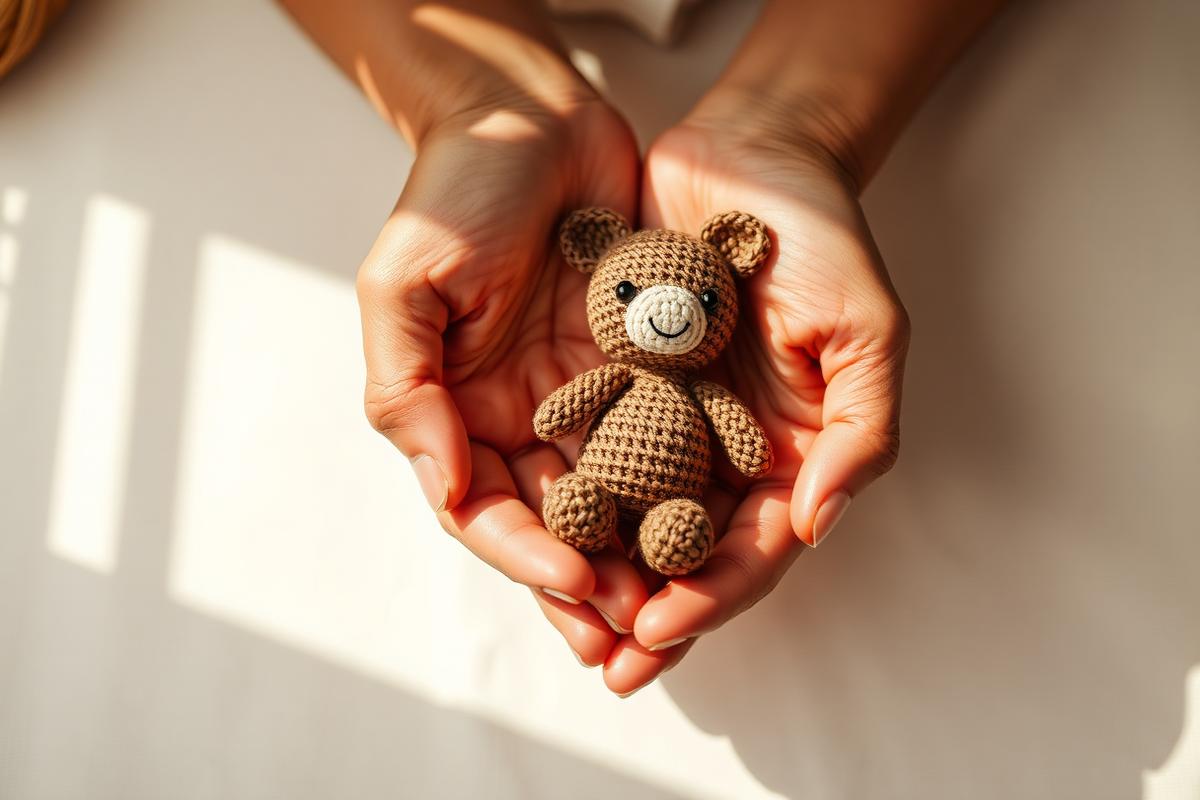 Mãos de artesã segurando um amigurumi finalizado com carinho