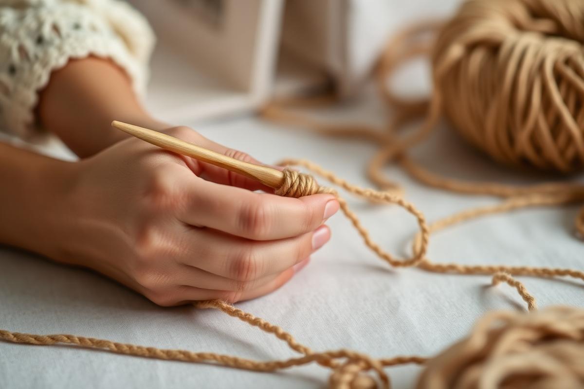 Mãos trabalhando lentamente com fio de crochê