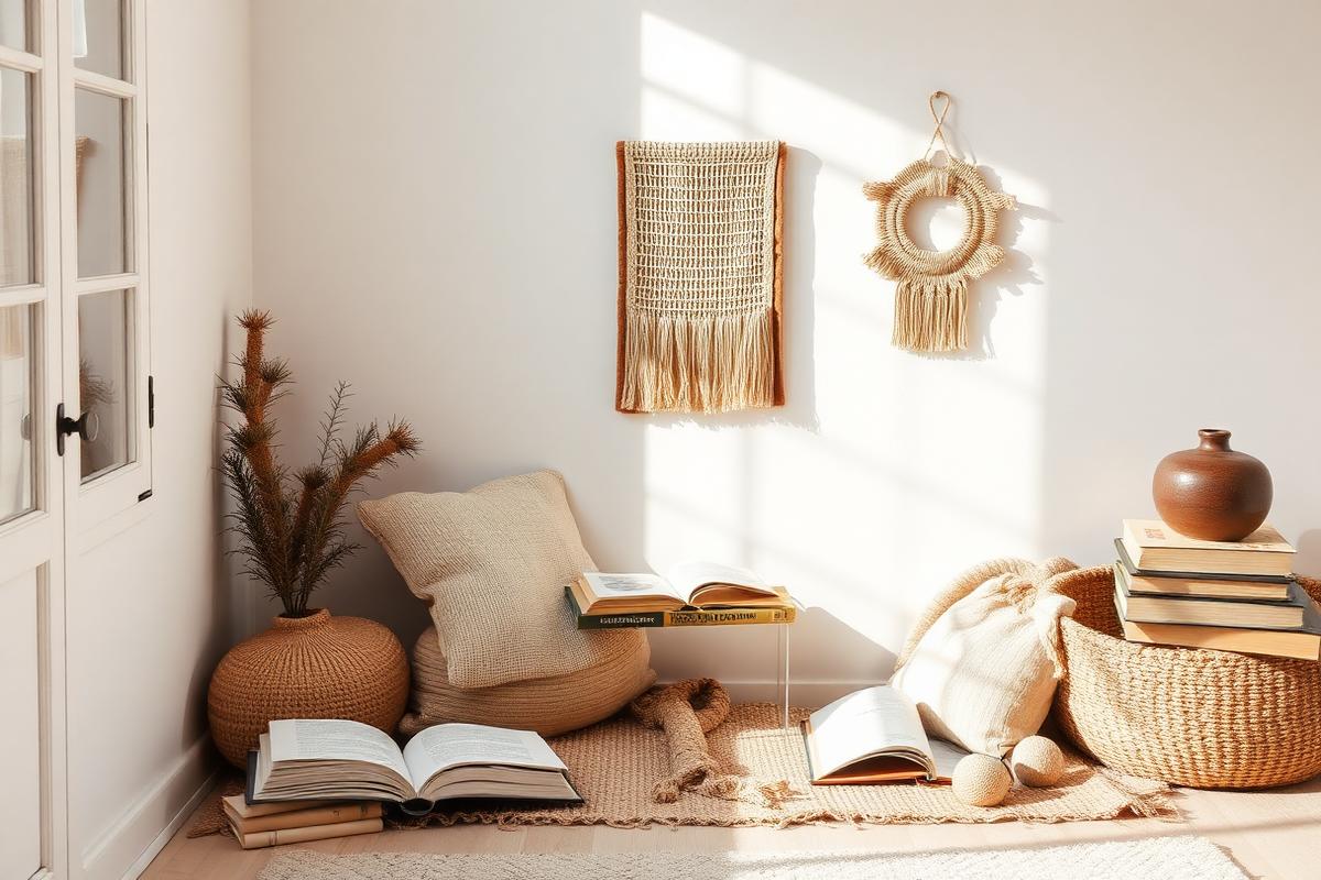 Cantinho aconchegante de leitura com itens artesanais