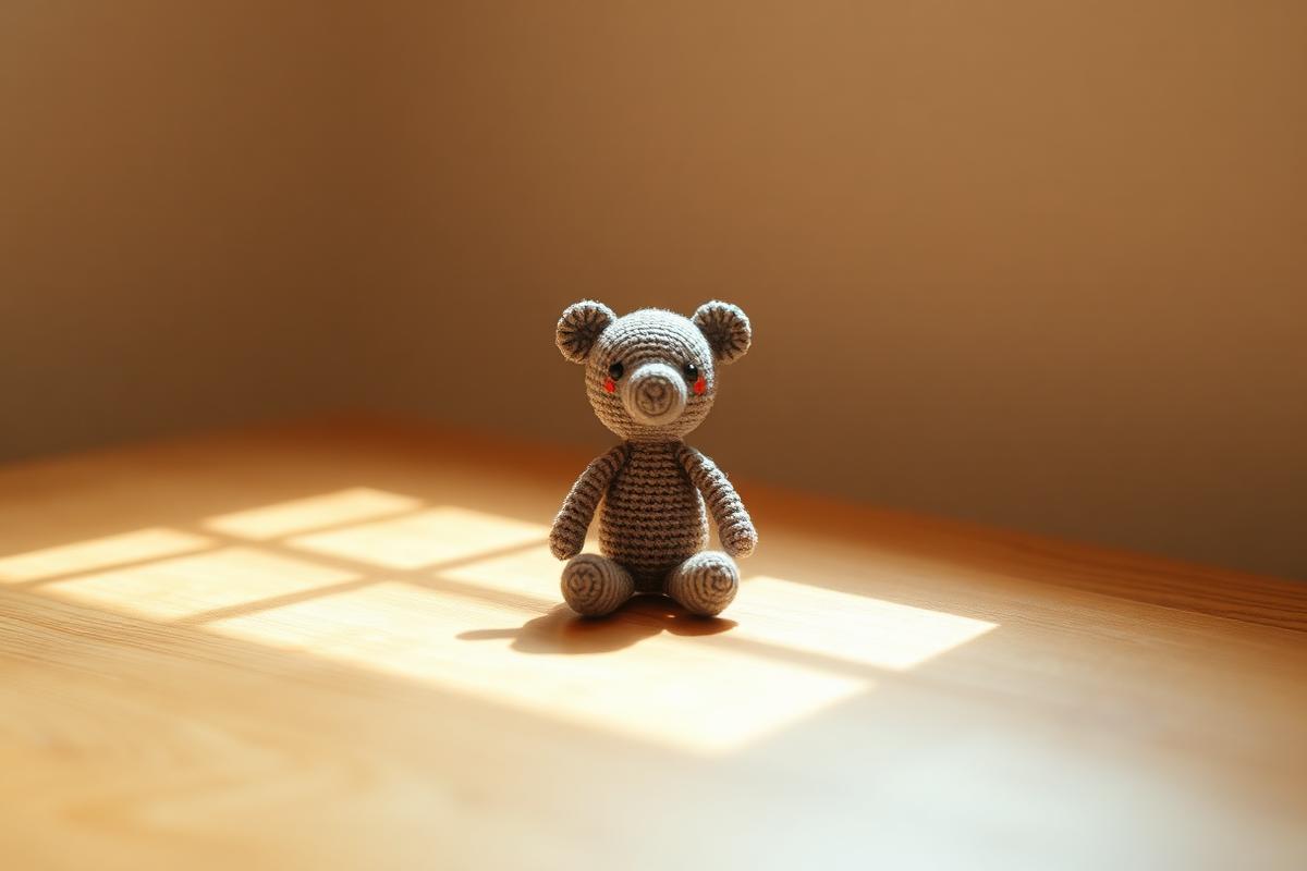 Amigurumi finalizado repousando pacificamente sobre superfície de madeira