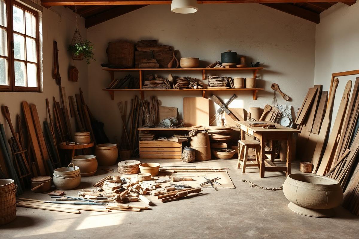 Mesa de trabalho artesanal com ferramentas e materiais organizados naturalmente