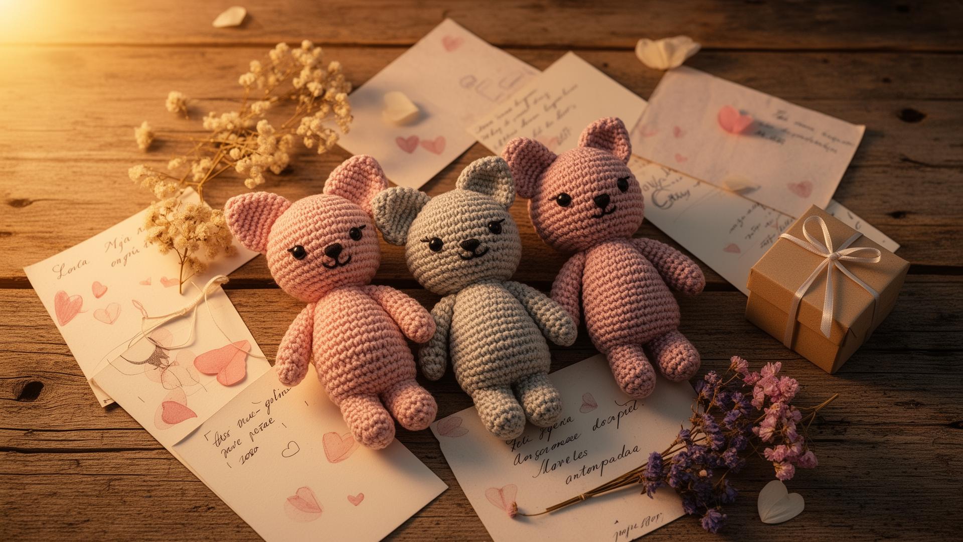 Amigurumis artesanais sobre cartas de amor com flores secas