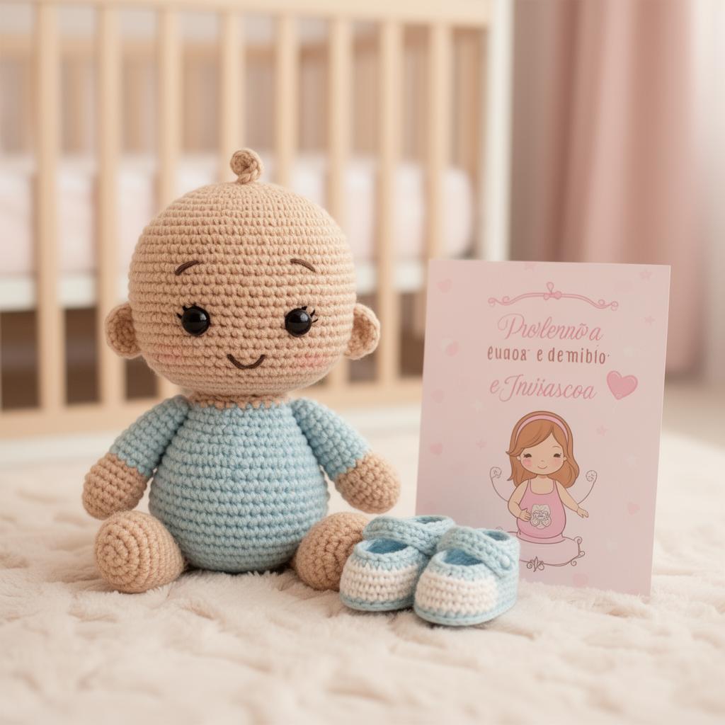 Amigurumi de bebê com sapatinhos e cartão de anúncio de gravidez