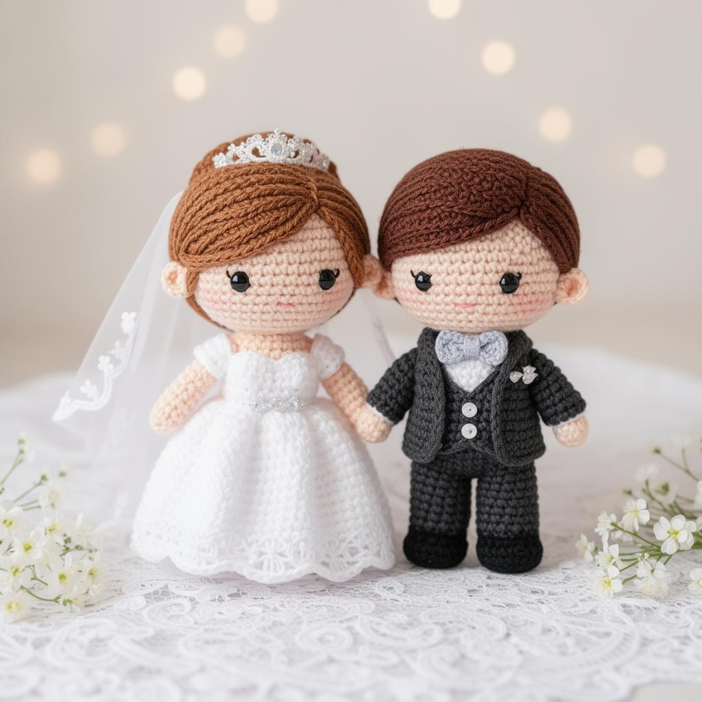 Casal de amigurumis vestidos de noivos sobre renda branca