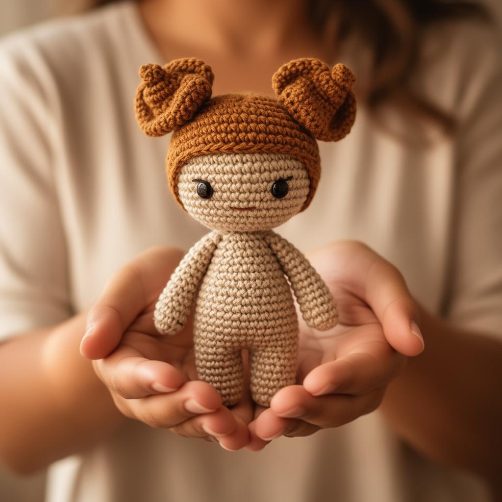 Mãos segurando delicadamente um amigurumi artesanal