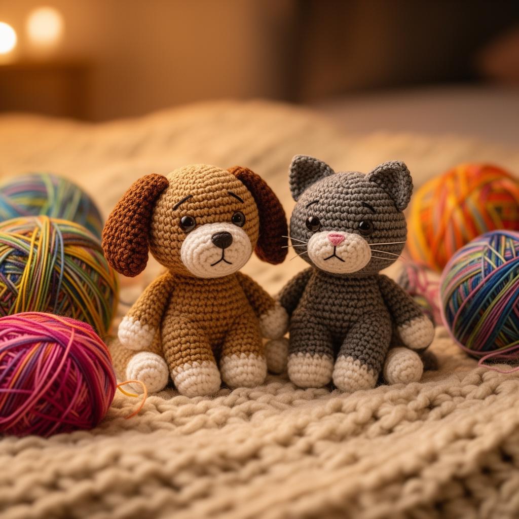 Amigurumis de cachorro e gato sentados entre novelos coloridos