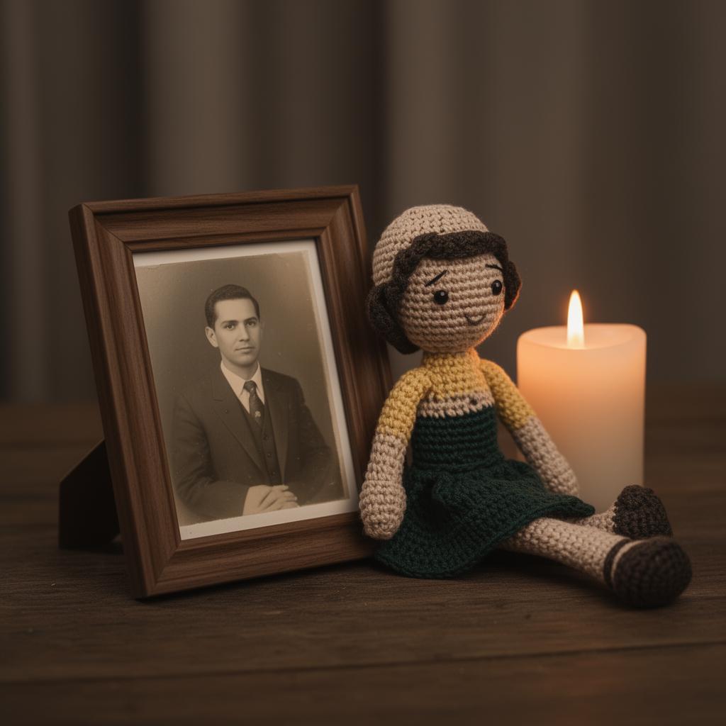 Amigurumi ao lado de porta-retrato vintage e vela acesa, cena de saudade e memória