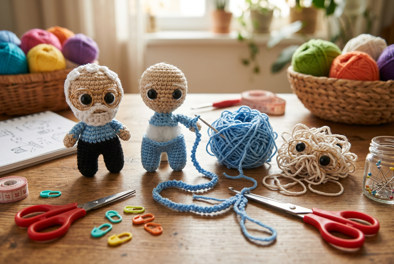 Amigurumis de crochê ao lado de fio desmanchado, tesoura e marcadores de ponto sobre a mesa