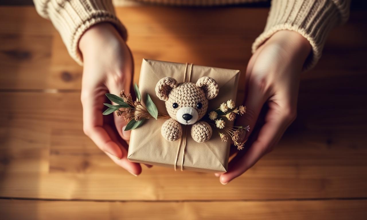 Mãos segurando caixa de presente embalada em papel kraft com pequeno amigurumi de urso em crochê no topo, decorada com flores secas, pronta para dar de presente
