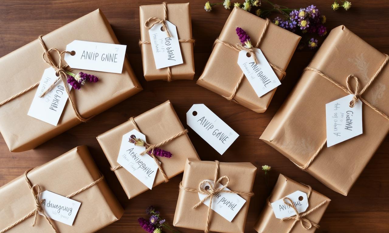 Vários presentes embrulhados em papel kraft com tags artesanais escritas à mão, amarrados com barbante e decorados com flores secas, dispostos em vista superior