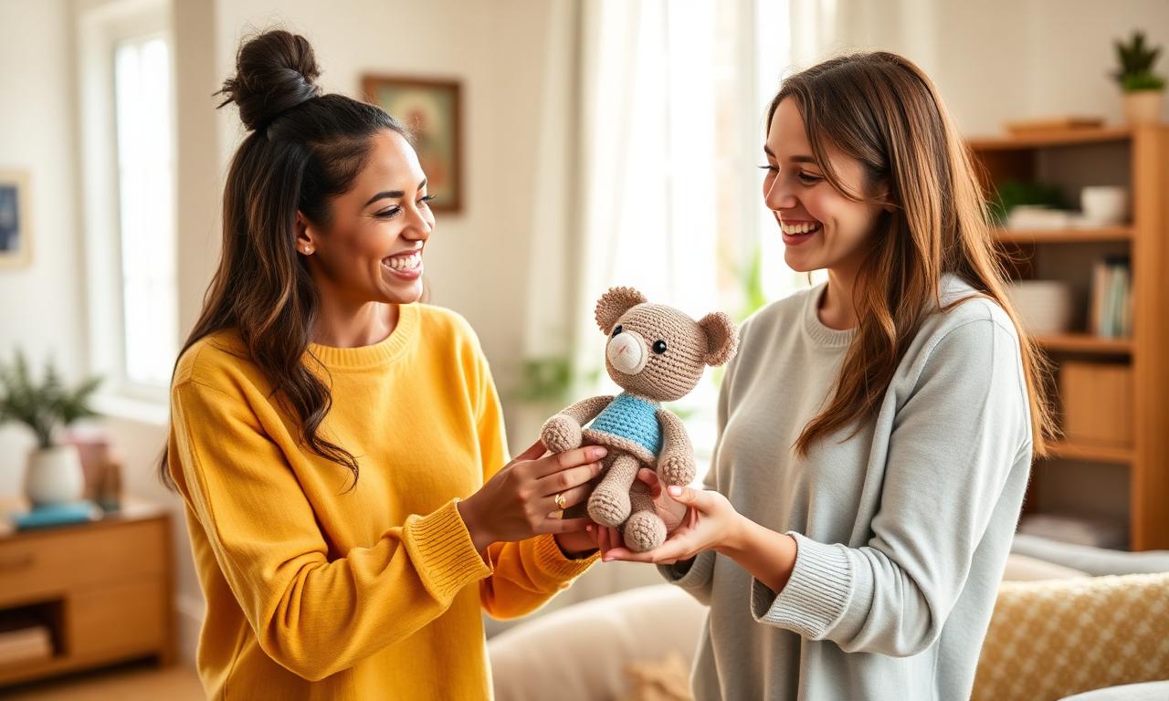 Duas amigas sorrindo em momento afetivo de troca de presente, uma entregando à outra um pequeno amigurumi de urso em crochê com roupinha azul, ambiente doméstico aconchegante