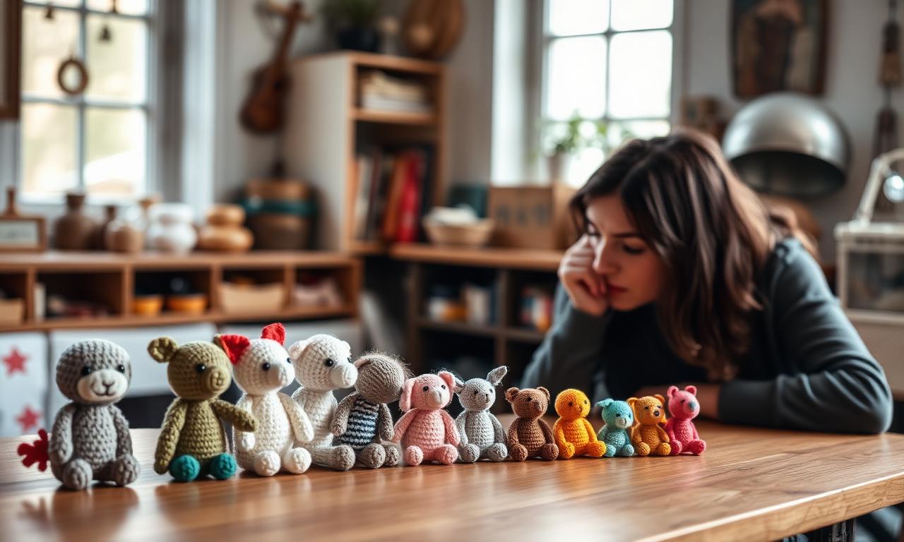 Pessoa observando fileira de amigurumis artesanais coloridos sobre mesa de madeira em ateliê aconchegante, escolhendo qual presente levar
