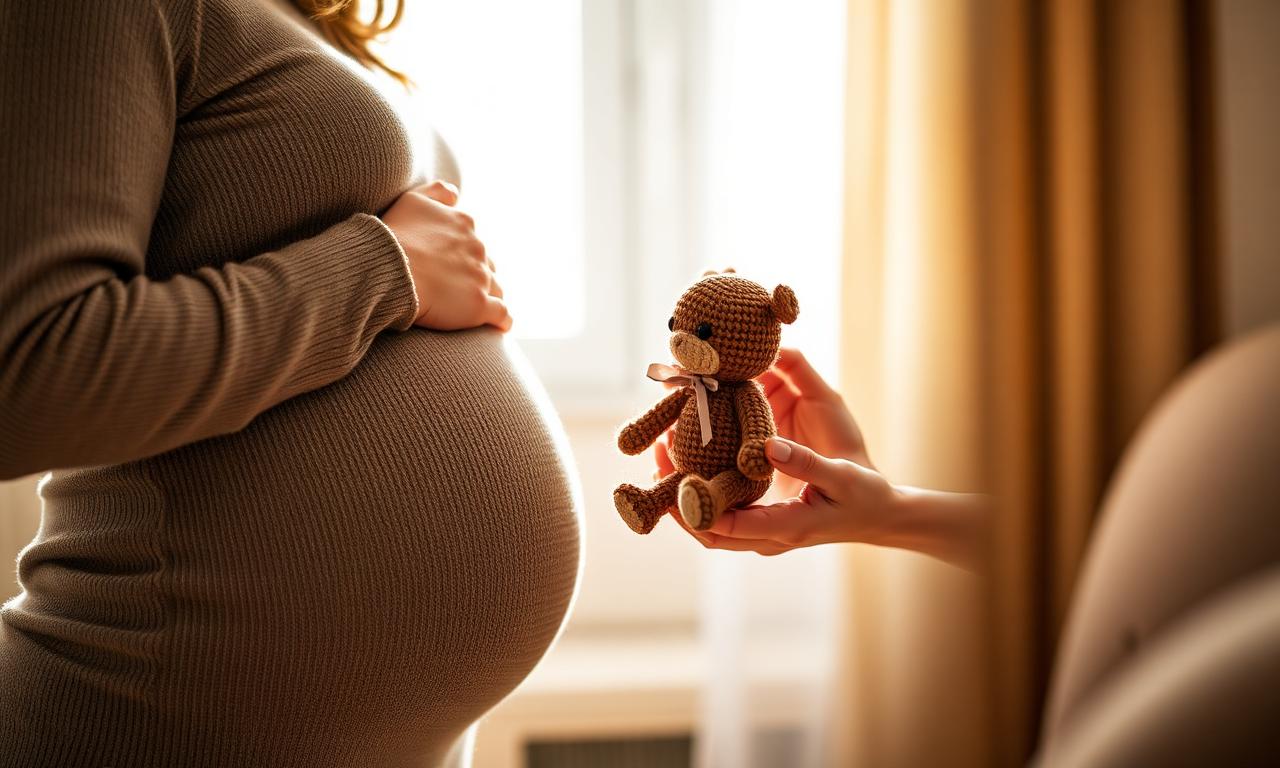 Mulher grávida recebendo pequeno amigurumi de urso marrom em crochê como presente de chá de bebê, luz natural suave entrando pela janela