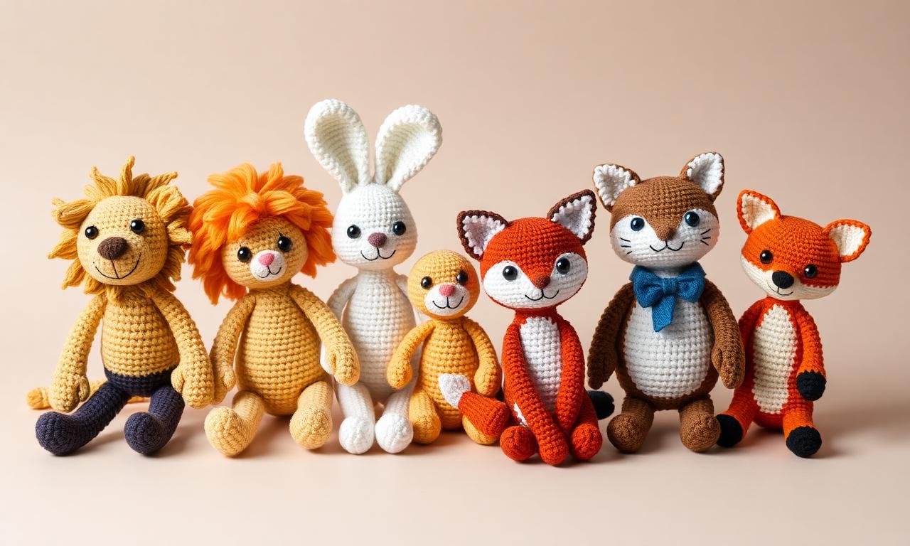 Coleção de amigurumis artesanais em crochê com personalidades diferentes — leão dourado, coelhinho branco, raposa laranja e gato cinza — alinhados sobre fundo neutro