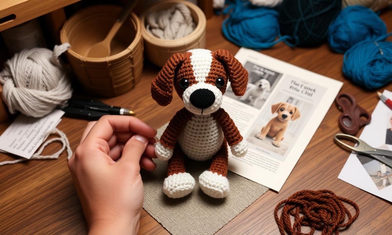 Pequeno amigurumi de cachorro em crochê marrom e branco sendo finalizado sobre mesa de madeira ao lado de foto de referência do pet real, novelos e tesoura ao redor