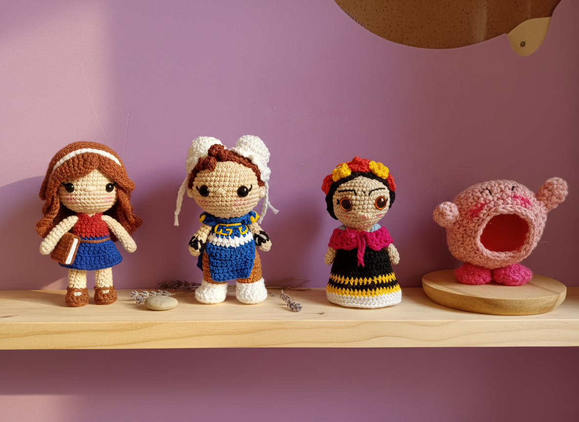 Coleção de amigurumis artesanais dispostos em prateleira de madeira, incluindo coelhos, ursos e personagens variados feitos em crochê com cores neutras e suaves