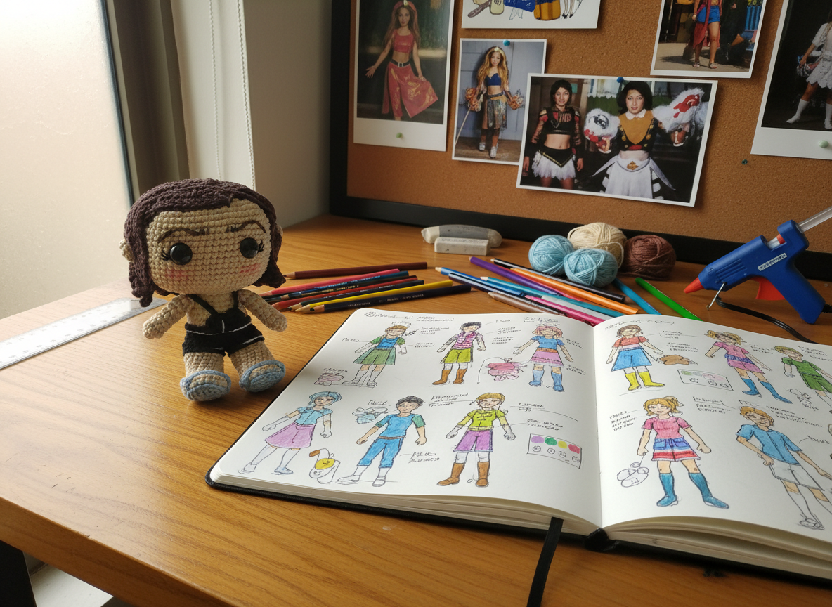 Caderno aberto com esboços de personagens amigurumi, lápis de cor, amostras de linhas coloridas e fotos de referência espalhadas sobre mesa, representando o processo de planejamento criativo