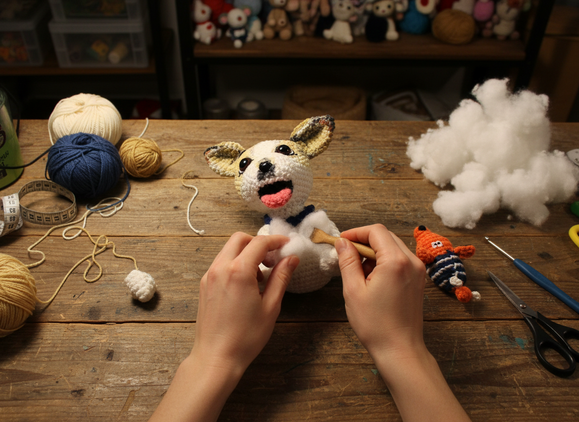 Artesã enchendo cuidadosamente um pequeno amigurumi de urso marrom com fibra siliconada branca, sobre mesa de madeira com peças de crochê e novelo ao redor