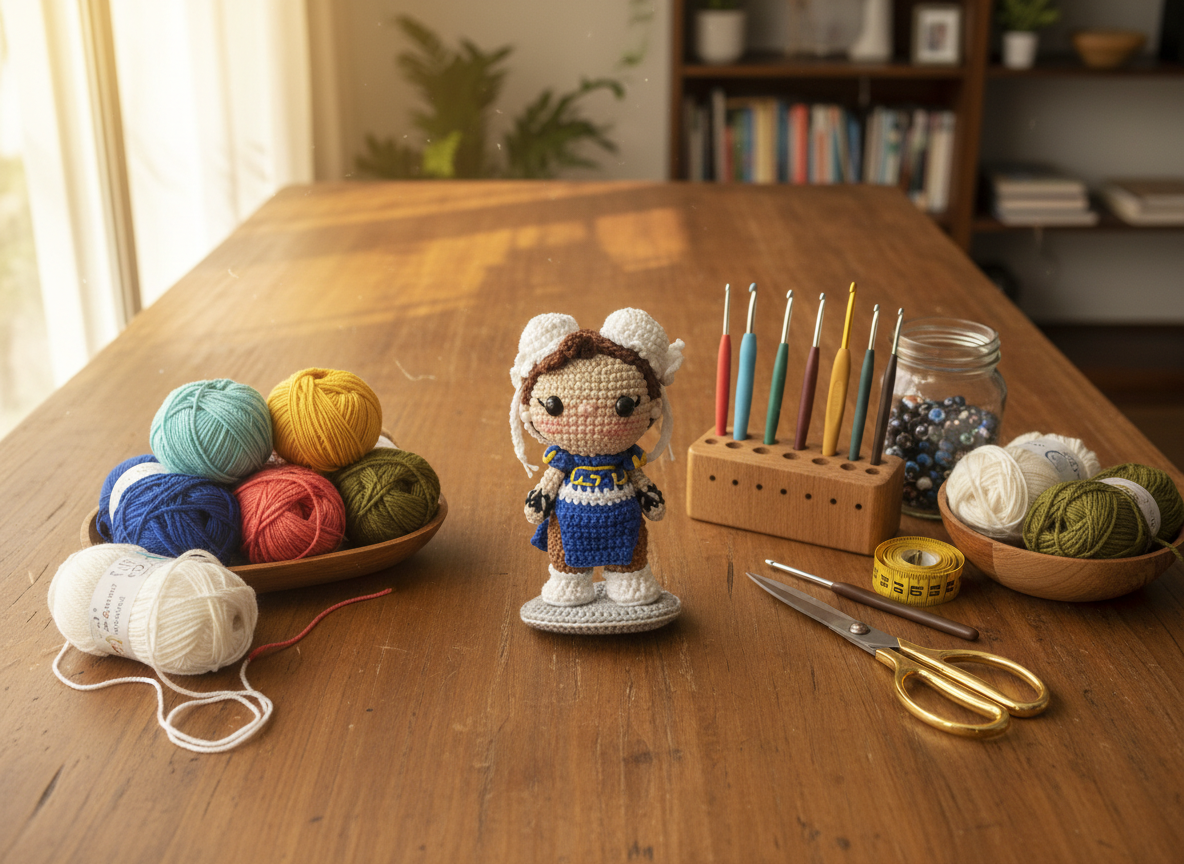 Mesa de trabalho organizada com novelos coloridos, agulhas de crochê de diferentes tamanhos, tesoura, fita métrica e um amigurumi em progresso iluminados por luz natural da tarde