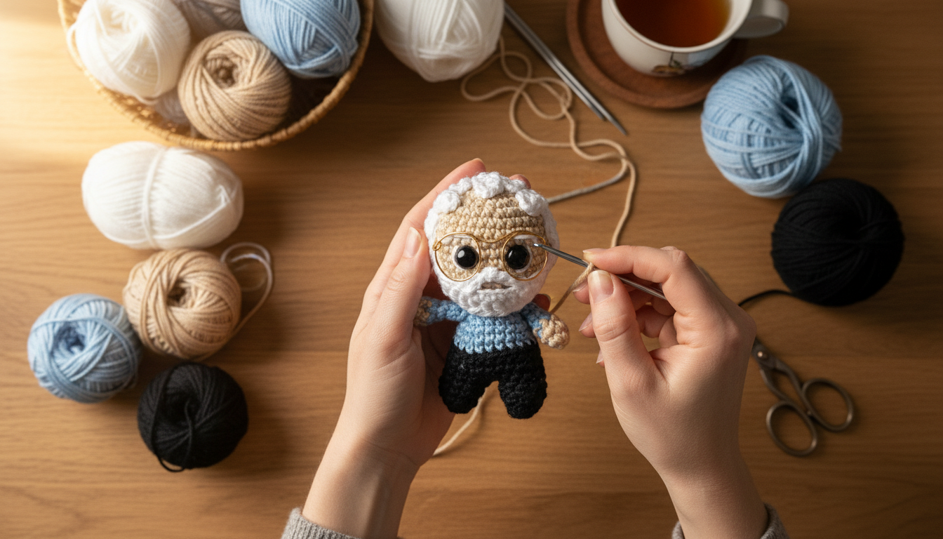Mãos segurando um pequeno amigurumi colorido sendo finalizado com agulha de crochê
