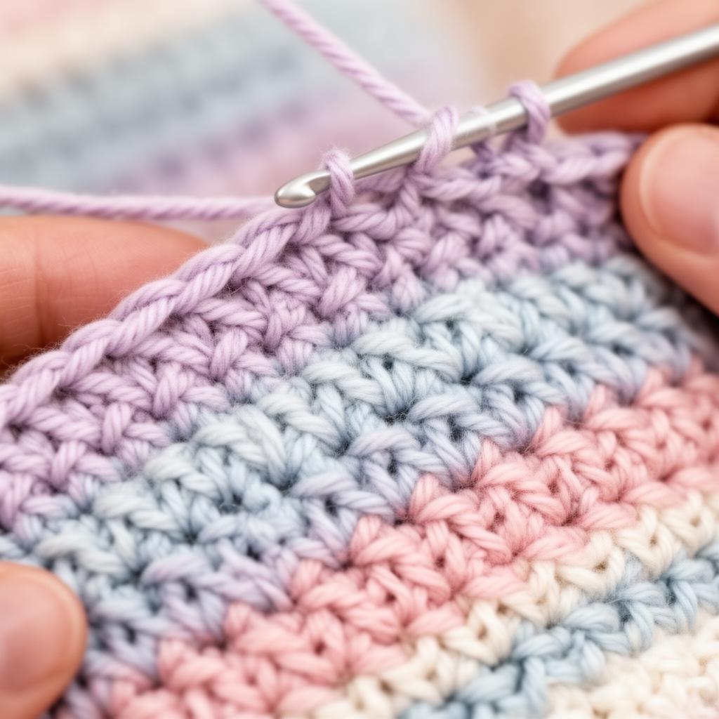 Close-up macro de pontos de crochê sendo feitos com linha em tons pastel de lilás, azul e rosa, mostrando a textura detalhada do tecido amigurumi em formação