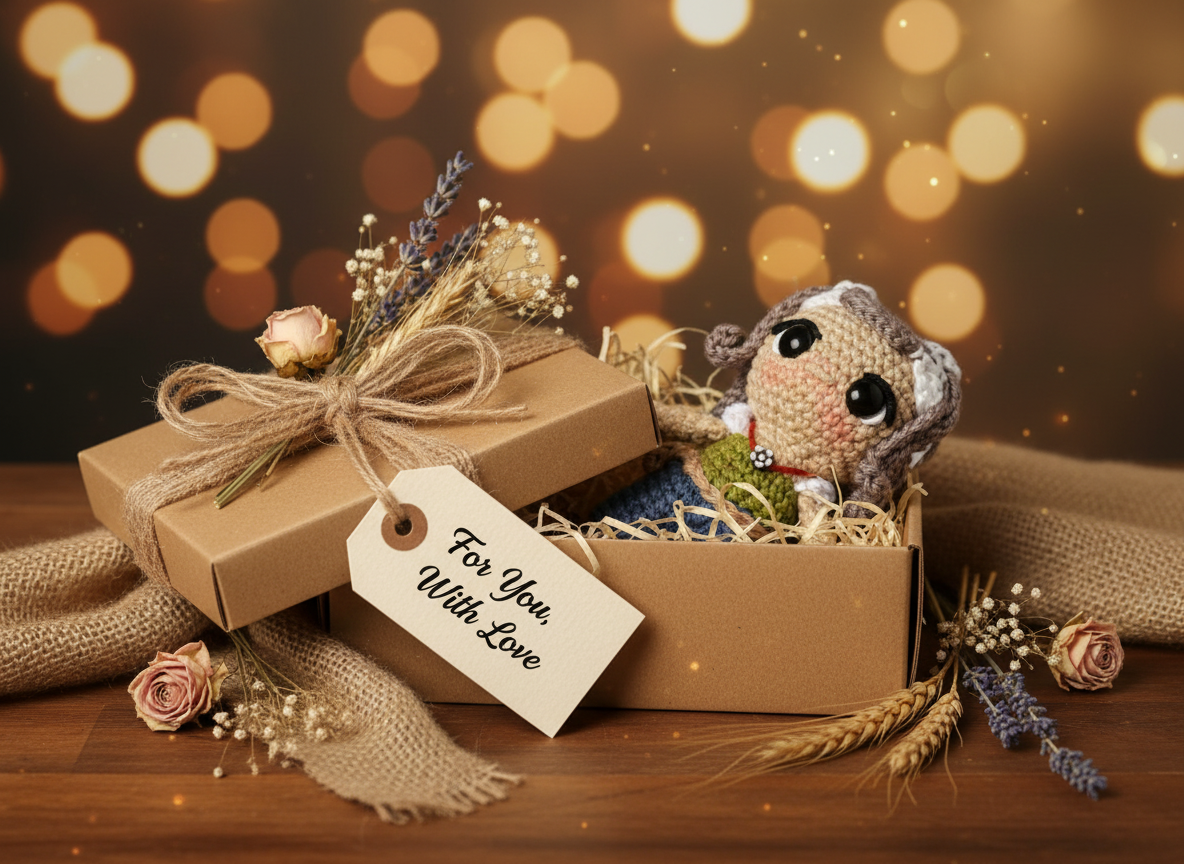 Amigurumi de urso em crochê cuidadosamente embalado em caixa kraft com flores secas e tag escrita à mão, pronto para ser presenteado com carinho