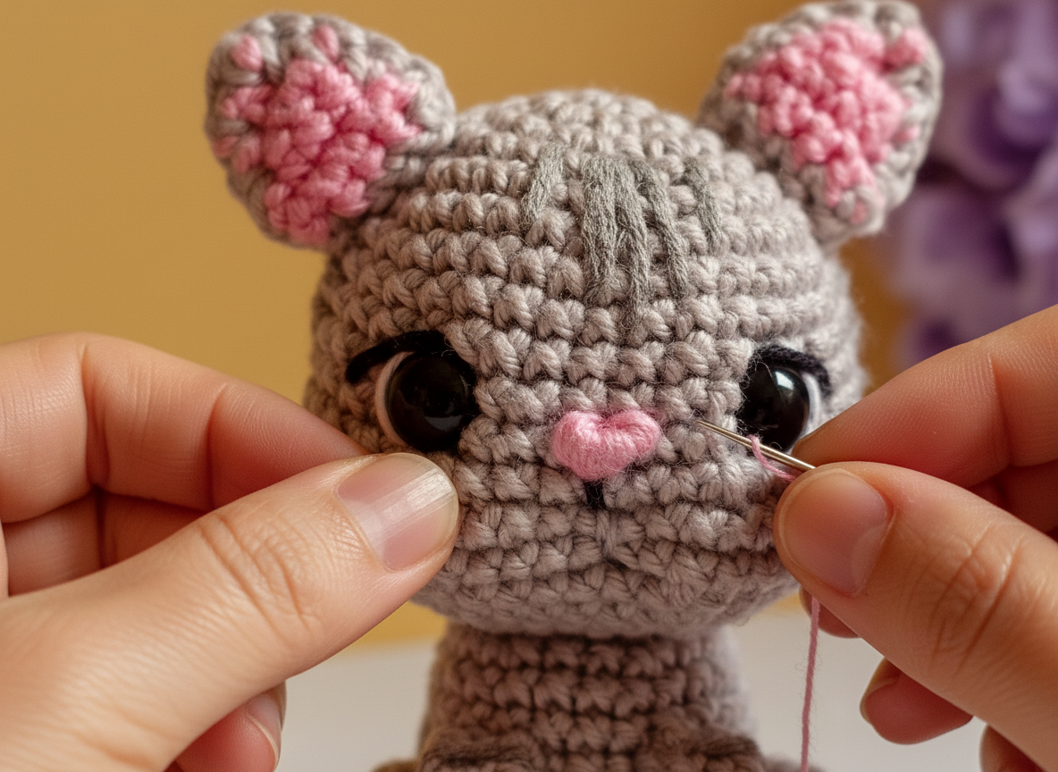 Close-up de mãos posicionando olhos de segurança e bordando sorriso delicado no rosto de um amigurumi bege, dando personalidade e expressão à peça artesanal