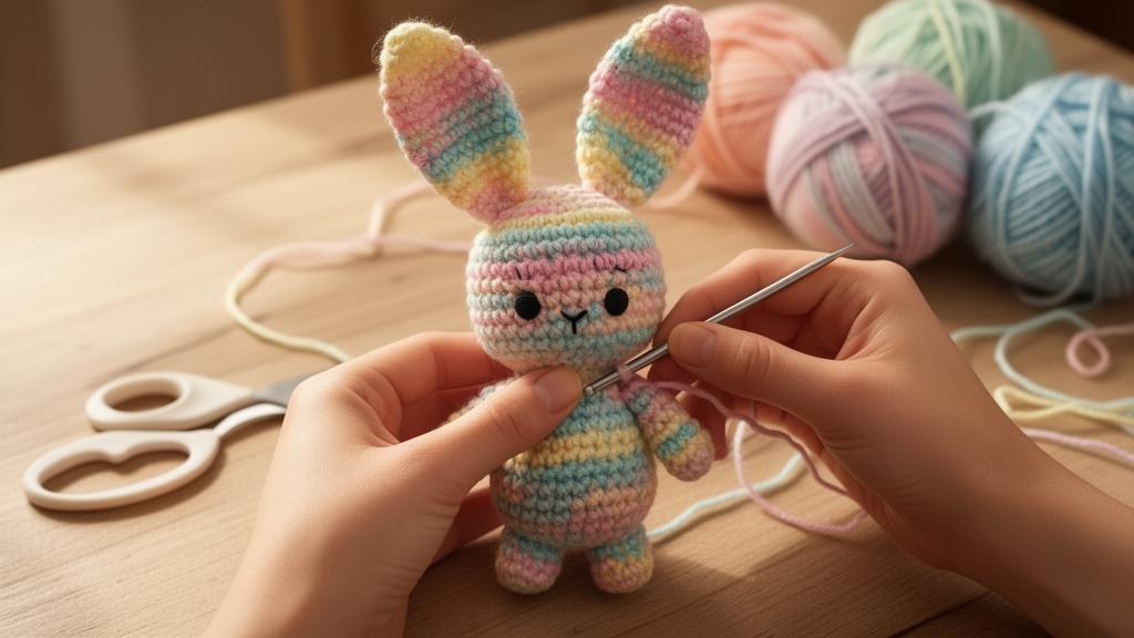 Amigurumi de coelho em crochê com cores pastel, peça artesanal feita à mão