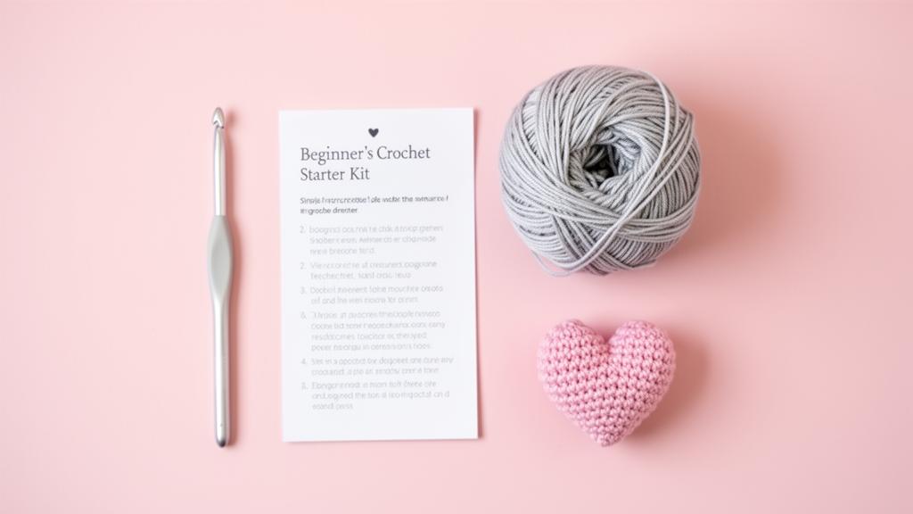 Kit iniciante de crochê em fundo rosa pastel: agulha de crochê, novelo de lã cinza, cartão de instruções para iniciantes e um coração de crochê rosa