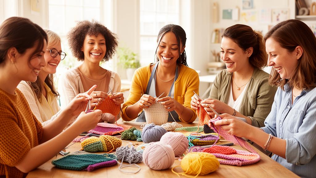 Grupo de mulheres aprendendo crochê juntas em oficina criativa, representando a experiência do Respiro Criativo