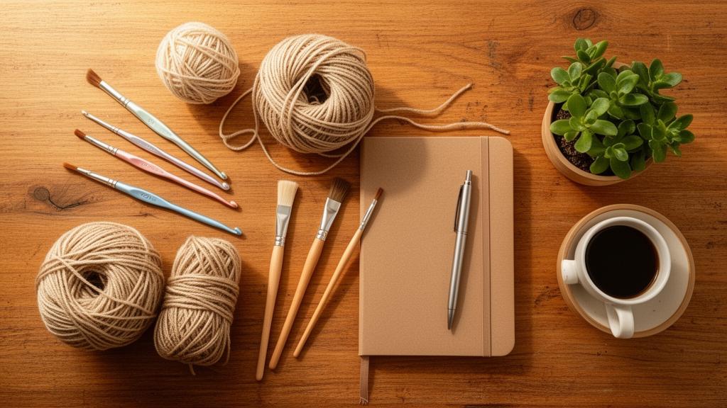Mesa de madeira com materiais de diversos hobbies: novelos de lã, pincéis, caderno, planta e xícara de café representando a diversidade de hobbies disponíveis