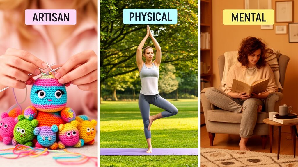 Três modalidades de hobbies lado a lado: mãos criando amigurumi colorido representando hobbies artesanais, mulher praticando yoga ao ar livre representando hobbies físicos, e mulher lendo livro em poltrona representando hobbies mentais