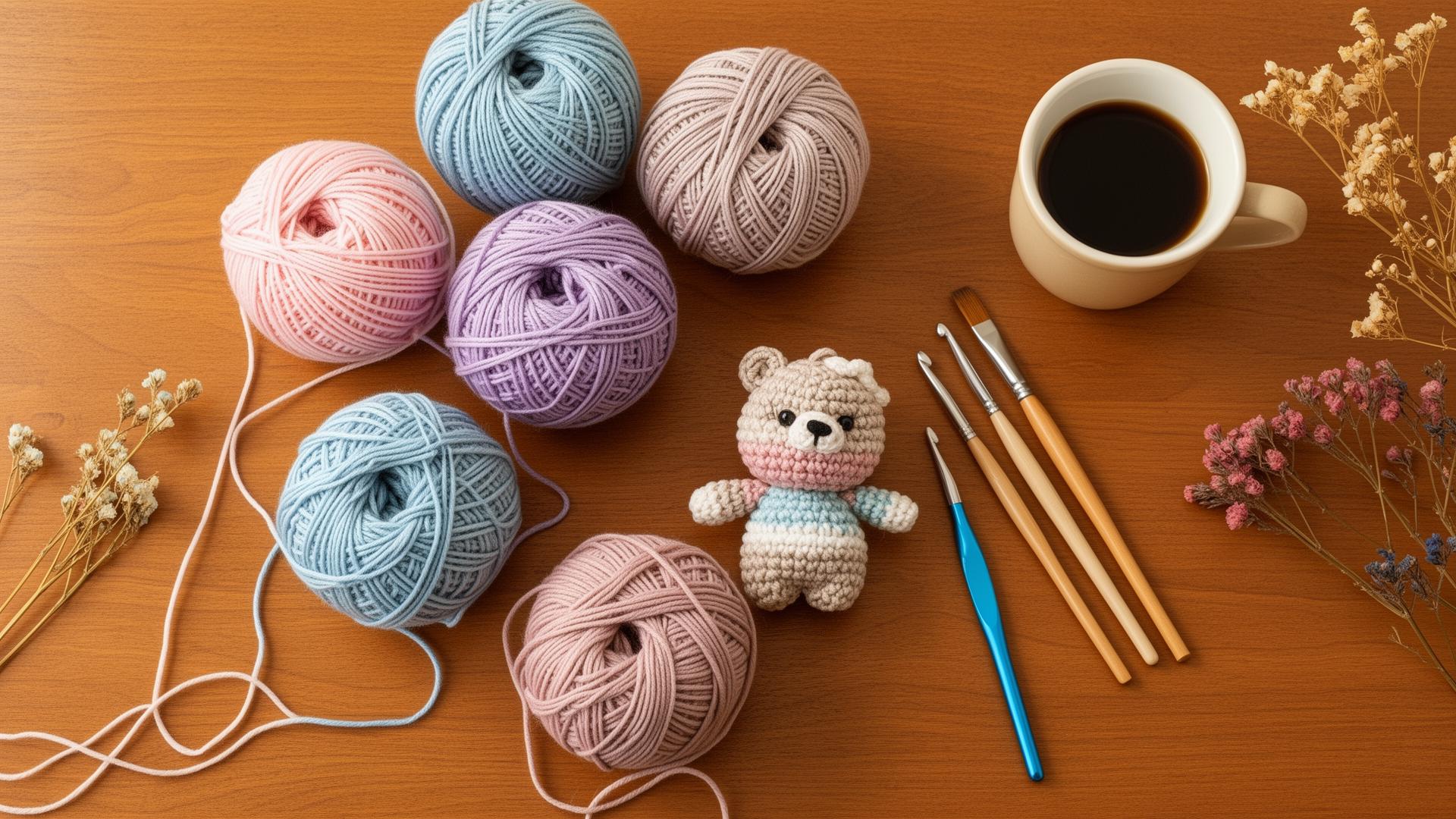 Materiais de artesanato e crochê sobre mesa de madeira