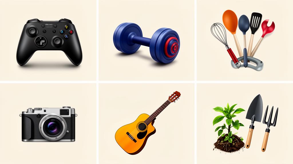 Grade com ícones representando diferentes hobbies populares: controle de videogame, halteres, utensílios de cozinha, câmera fotográfica, violão e ferramentas de jardinagem
